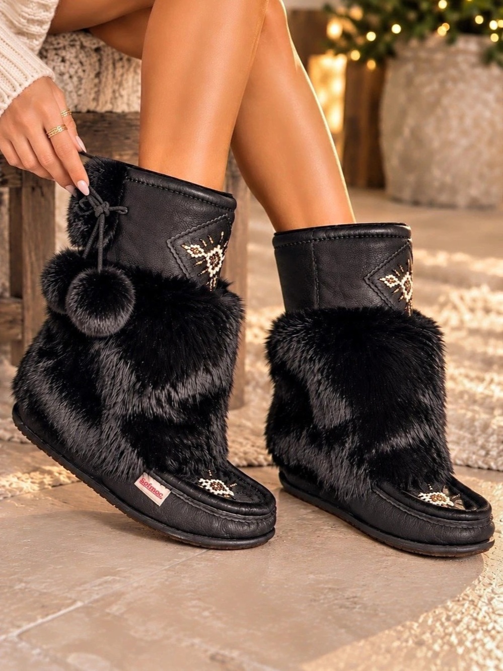 Softmoc Black Mukluks Fur Leather Winter Boots US 6